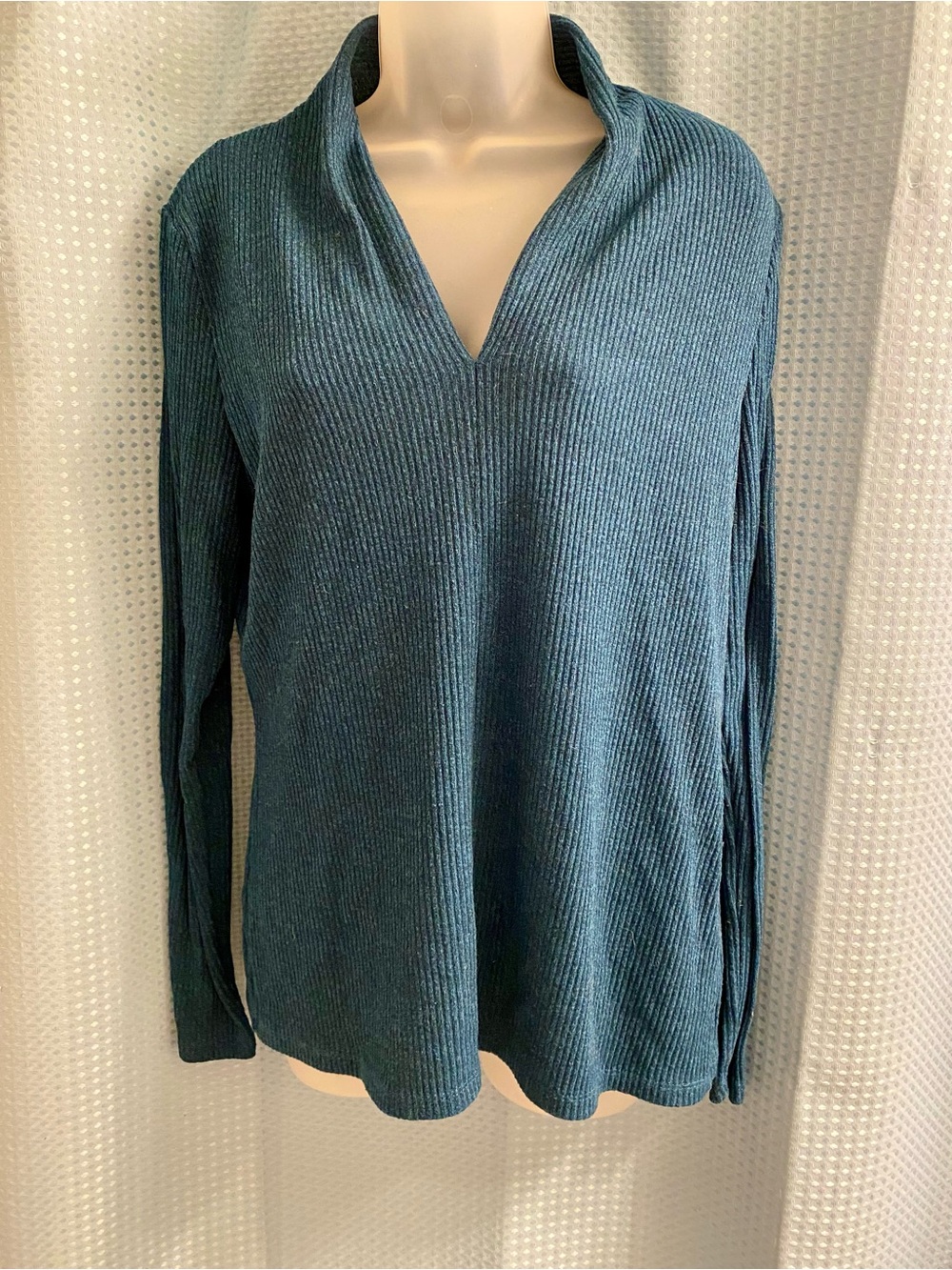 DKNY Forest Green Ribbed Split V-Neck Knit Sweater L